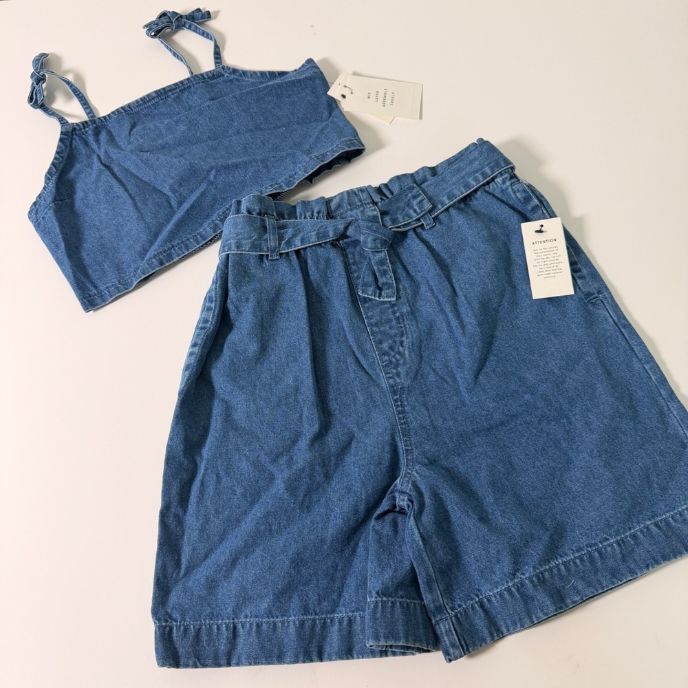 Free Assembly Girls Blue Denim 2 Piece Set Crop Top Paperbag Shorts XL 14-16 NWT